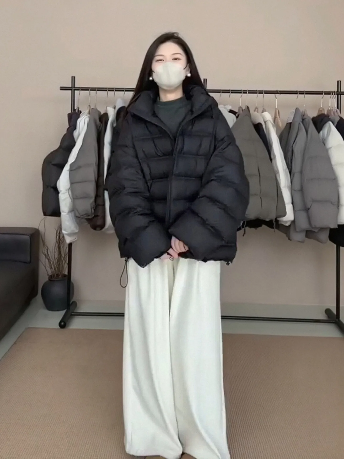 

Winter Faion plus Size Women's Hooded down Cotton Jaet And Wide Leg Pants Korean Sle Set Warm Casual High Waist