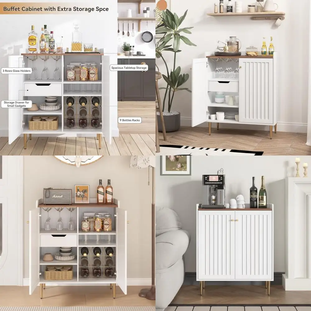 

White Wine Cabinet with Drawers and Adjustable Shelves, Modern Liquor Storage for Home Bars in Living and Dining Rooms