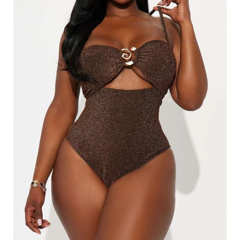 

2025 Bestselling European American Women's One-Piece - Plus Size Metal Cutout Sexy Tummy-Control Ins Style Swimwear for Beach