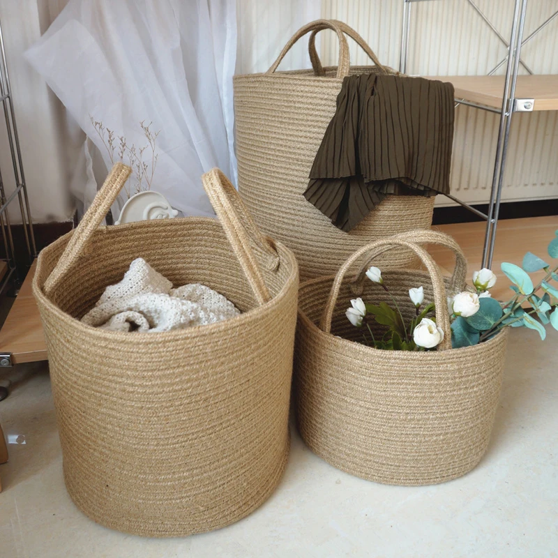 Handmade Woven Dirty Laundry Basket Foldable Cosmetic Storage Bucket Handle Cotton Linen Storage Baskets Clothes Toys Organizer