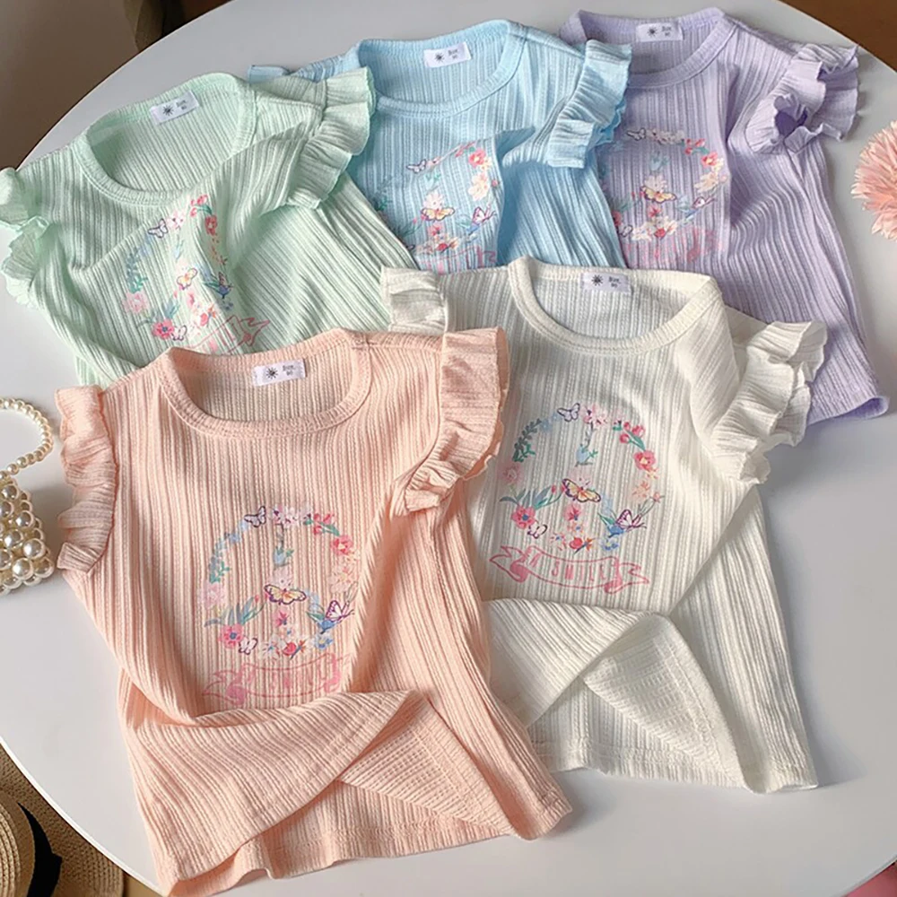 

Летняя тонкая футболка с короткими рукавами для девочек, детская футболка ярких цветов с цветочным принтом, повседневная футболка с короткими рукавами для детей