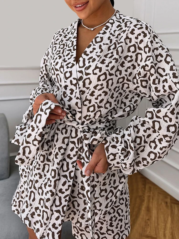 Hiloc Fashion Leopard Printing Cotton Linen Pajamas Outfits Women Lace-Up Robes Shorts Two Pieces Nightgown Shorts 2-Piece Sets