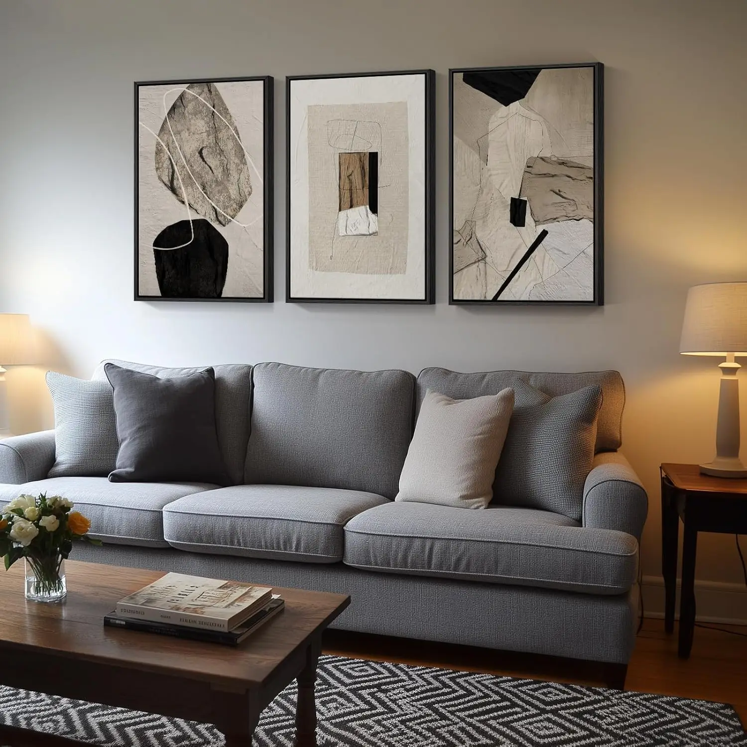 Set of 3 Framed Black Beige Neutral Abstract Canvas Wall Art Prints 24 X 36 Inch, Simple Tone Wall Decor for Living Room Hallway Stair Office Indoor Home Display