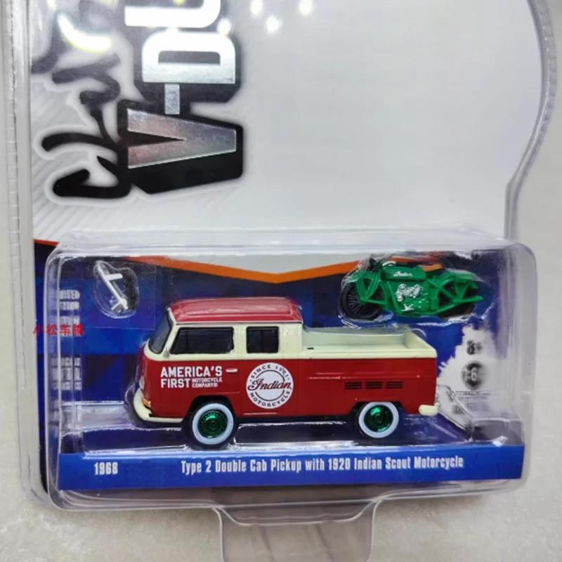 Greenlight 1:64 1968 Type 2 T2 Dubbele Cab Pickup Truck & Indian Motorcycle Legering Model Auto Jongen Gift speelgoed