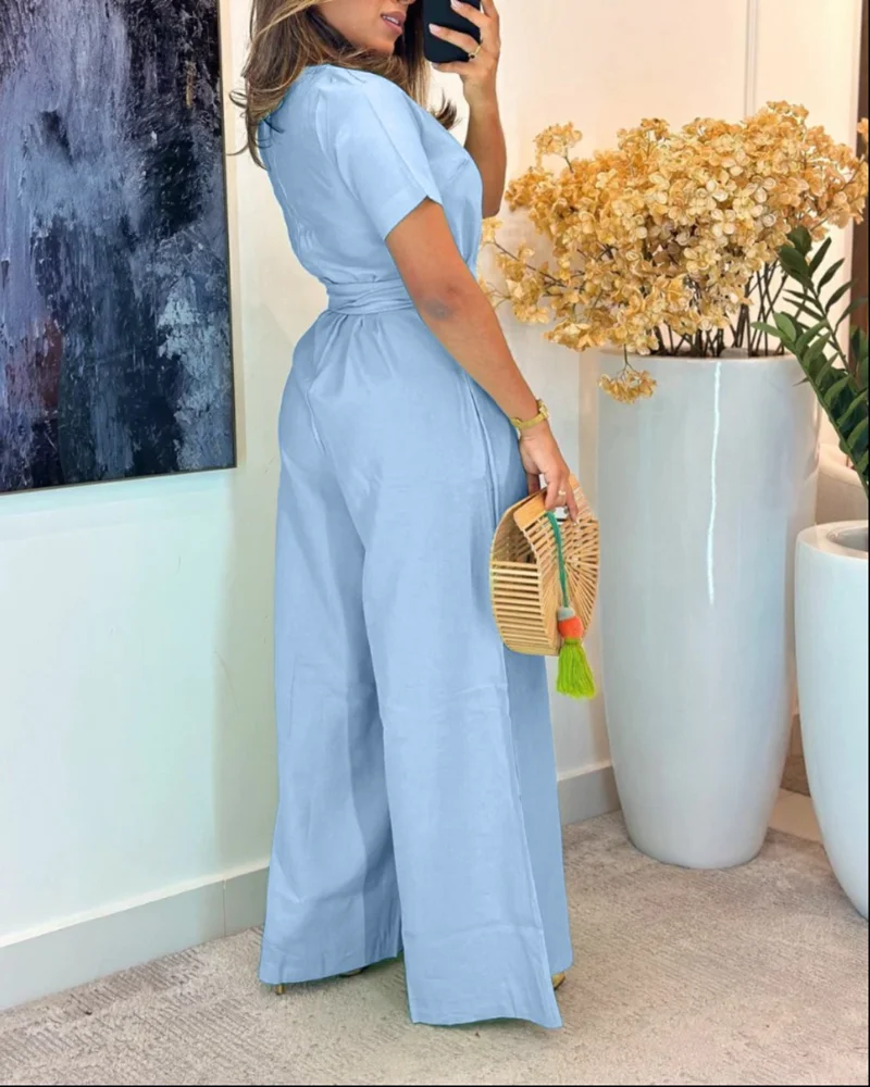 2025 Summer Women's Casual Solid Color Round Neck Short Sleeve Tie Waist Overalls Casual Back Zipper Wide Leg Jumpsuits Elegant