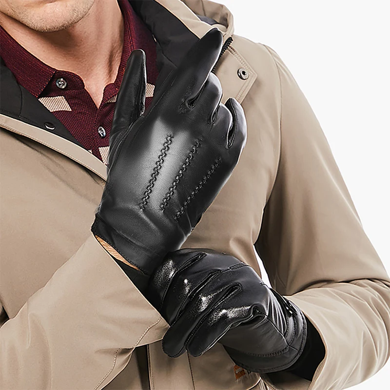 BISON DENIM Men Gloves High Quality Sheepskin Touchscreen Full-finger Mittens Outdoor Riding Driving Winter Warm Gloves For Men