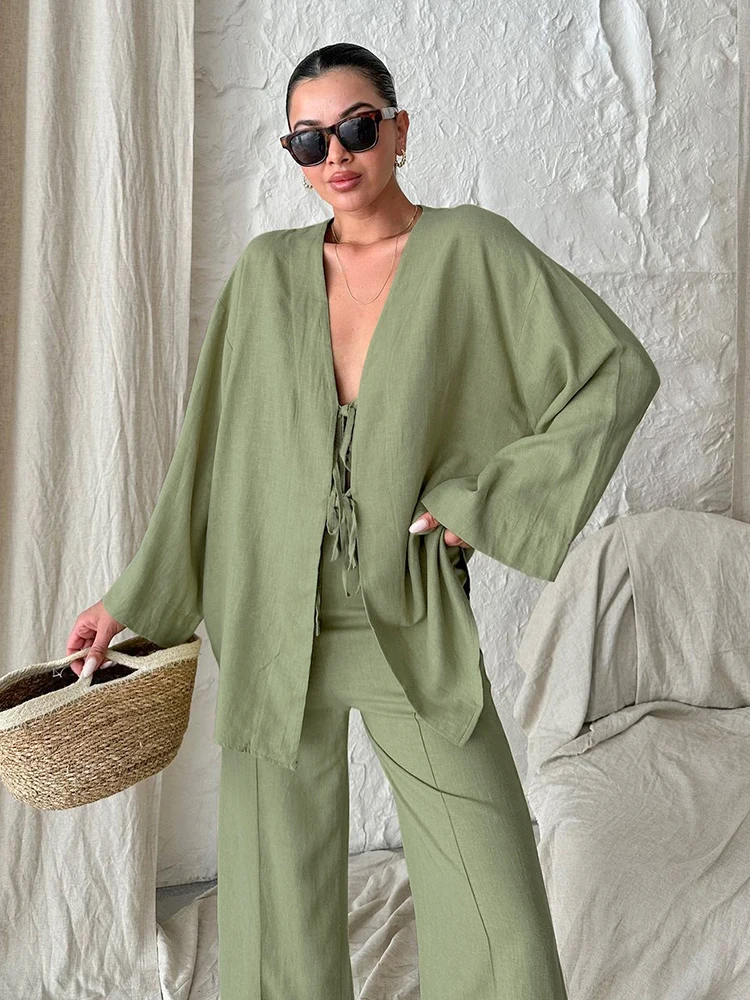 HiLoc Casual Solid Linen Long Pants Pajamas Suits Women Fashion V-Neck Loose Lace-Up Blouses Pink Wide Leg Pants Sleepwears 2024