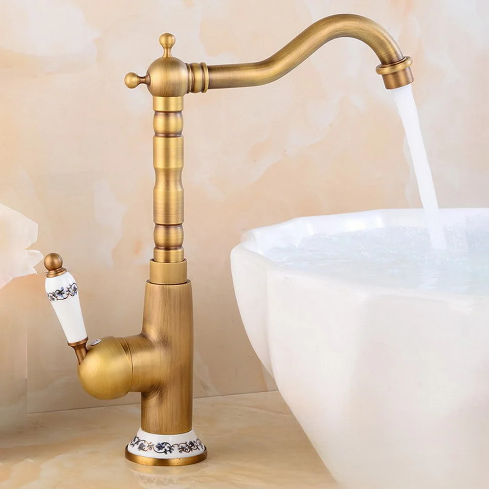 

Antique Brass Bathroom Kitchen Basin Sink Faucet Mixer Tap Swivel Spout Single Handle One Hole Deck Mounted msf922