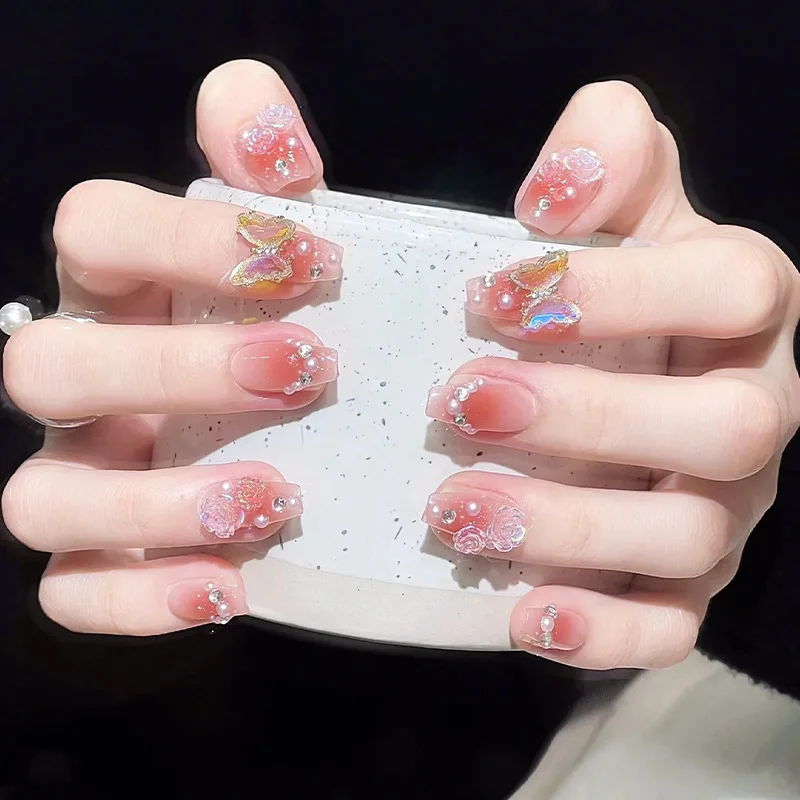 

24 шт. 24 шт. Розовые накладные ногти с клеем Накладные ногти с инструментами 3d Цветочница Красивые накладные ногти с липкими вкладками