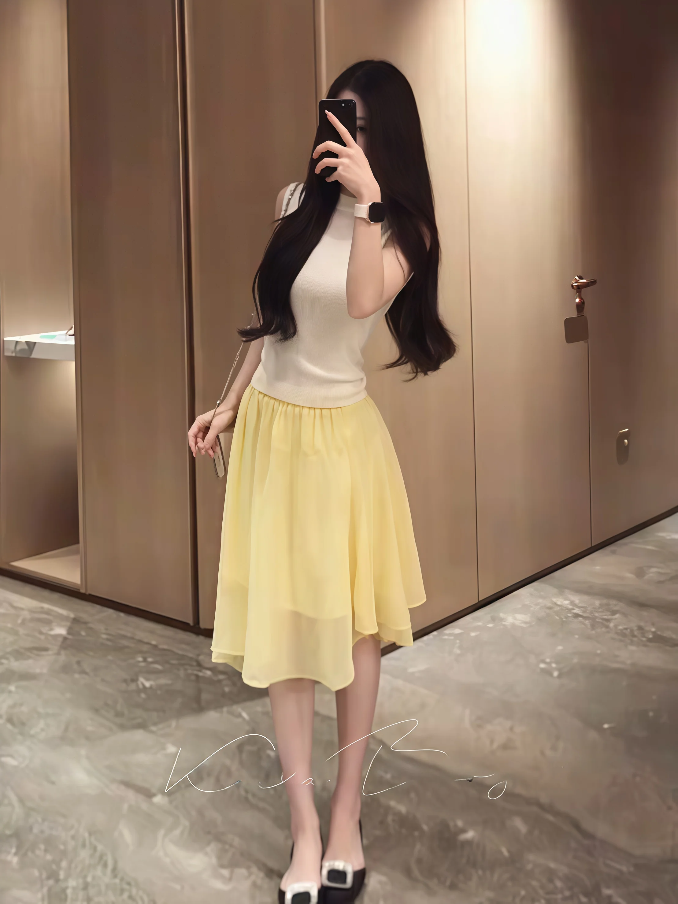 Yellow High Waist A-Line Midi Skirt Women's Large Size Chiffon Half-length Umbrella Skirt Elegant And Fashionable