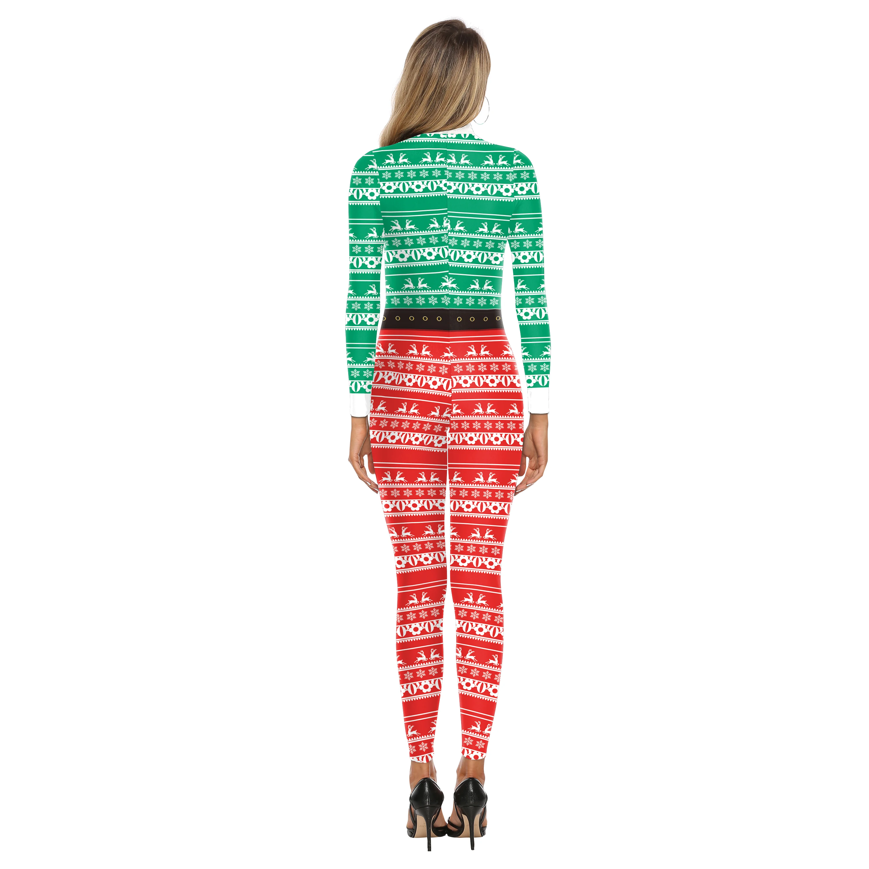 Macacão Padrão Papai Noel para Adultos, Bodysuit De Manga Comprida De Natal, Zíper De Spandex, Impressão 3D, Catsuit, Traje Cosplay De Natal