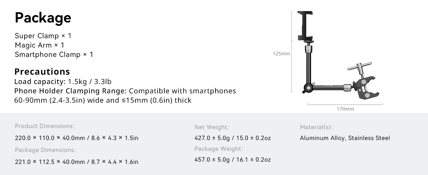 SmallRig 9,8-Zoll-Klemme in Krabbenform für Telefone mit Super-Clamp und Magic-Arm mit 1/4"-20-Schraube für Action-Kameras, Monitore, Mikrofon -5326 – Detail 9