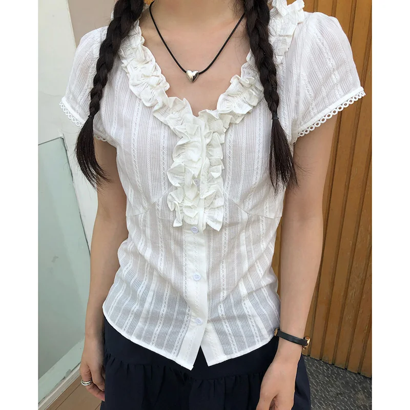 

Летние футболки для девочек Шикарные белые футболки Женские дизайнерские короткие топы со рюшами Женские корейские кружевные тонкие одежды с квадратным вырезом