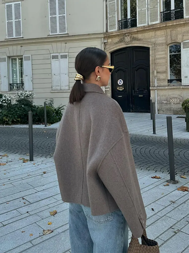 Chaqueta de manga larga con cuello vuelto para mujer, abrigo de una sola botonadura, color gris, moda de otoño