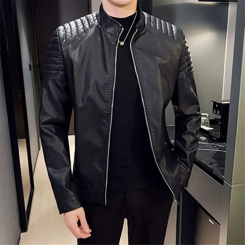 2023 Autumn Winter Leather Jacket Men Slim Casual PU Coat Moto Biker Stand Collar Solid High Quality Korean Leather Jakcets Man