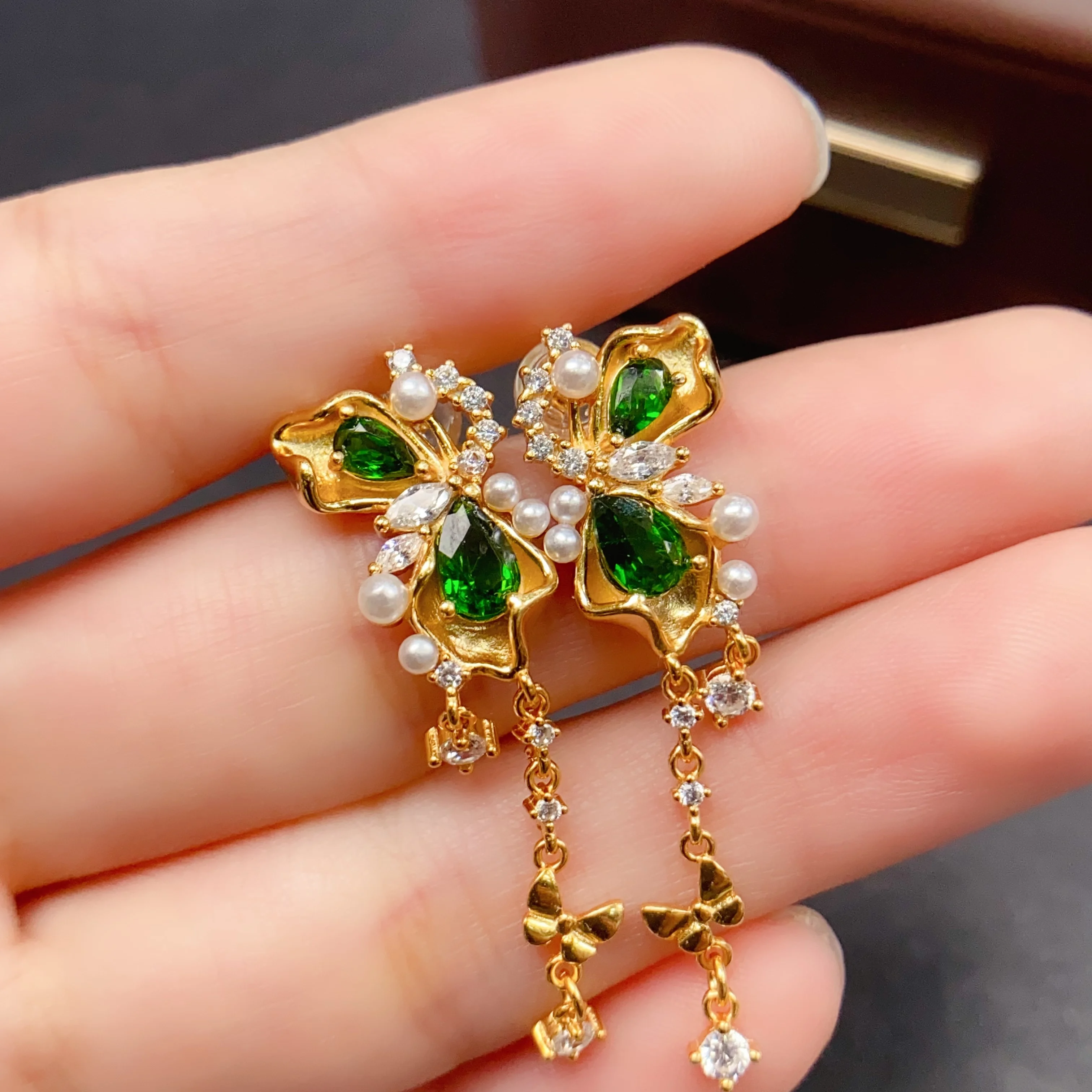 

Серьги с натуральным диопсидом, стерлинговое серебро S925, сертификат, дизайн бабочки, изысканные модные очаровательные свадебные украшения для женщин FS