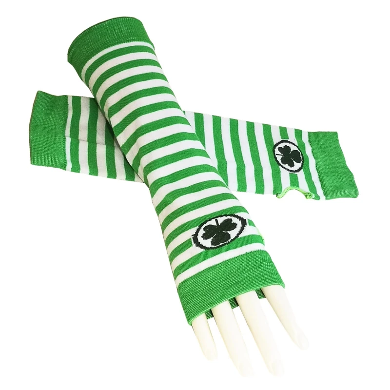 Patricks Day Thigh High Socks Pantyhose Arm Warmers Gloves White Green Stripe Shamrock Clover Print Irish Party Costume