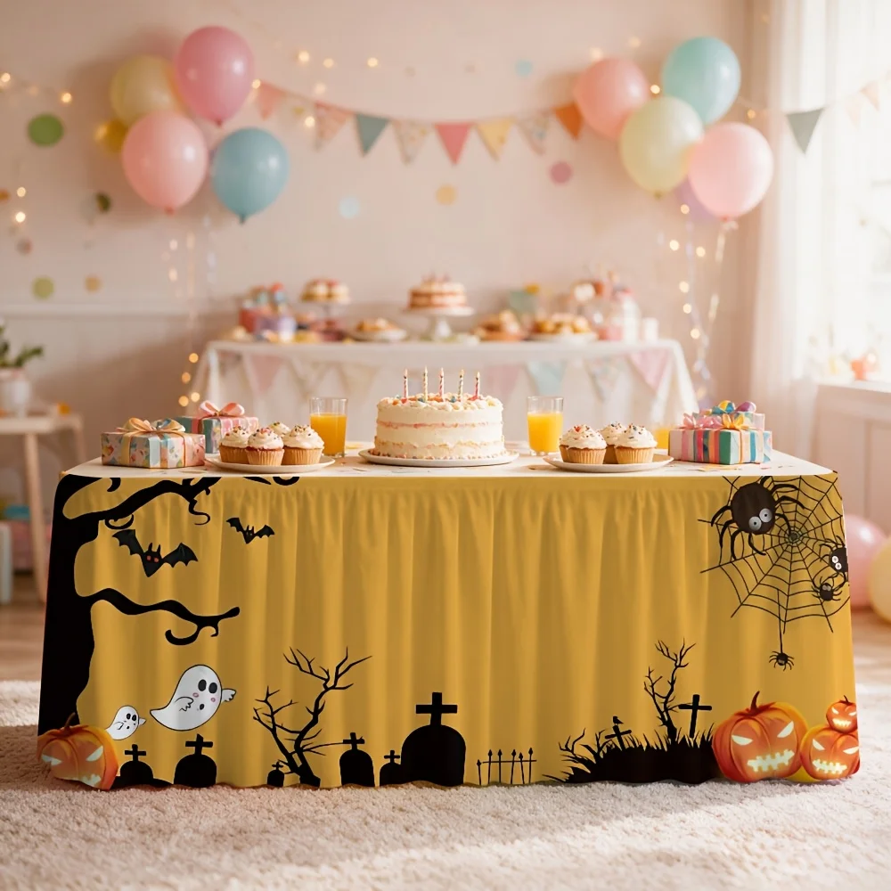 One Halloween-themed tablecloth with a design featuring terrifying pumpkins, ghosts, bats and spiders.zyc