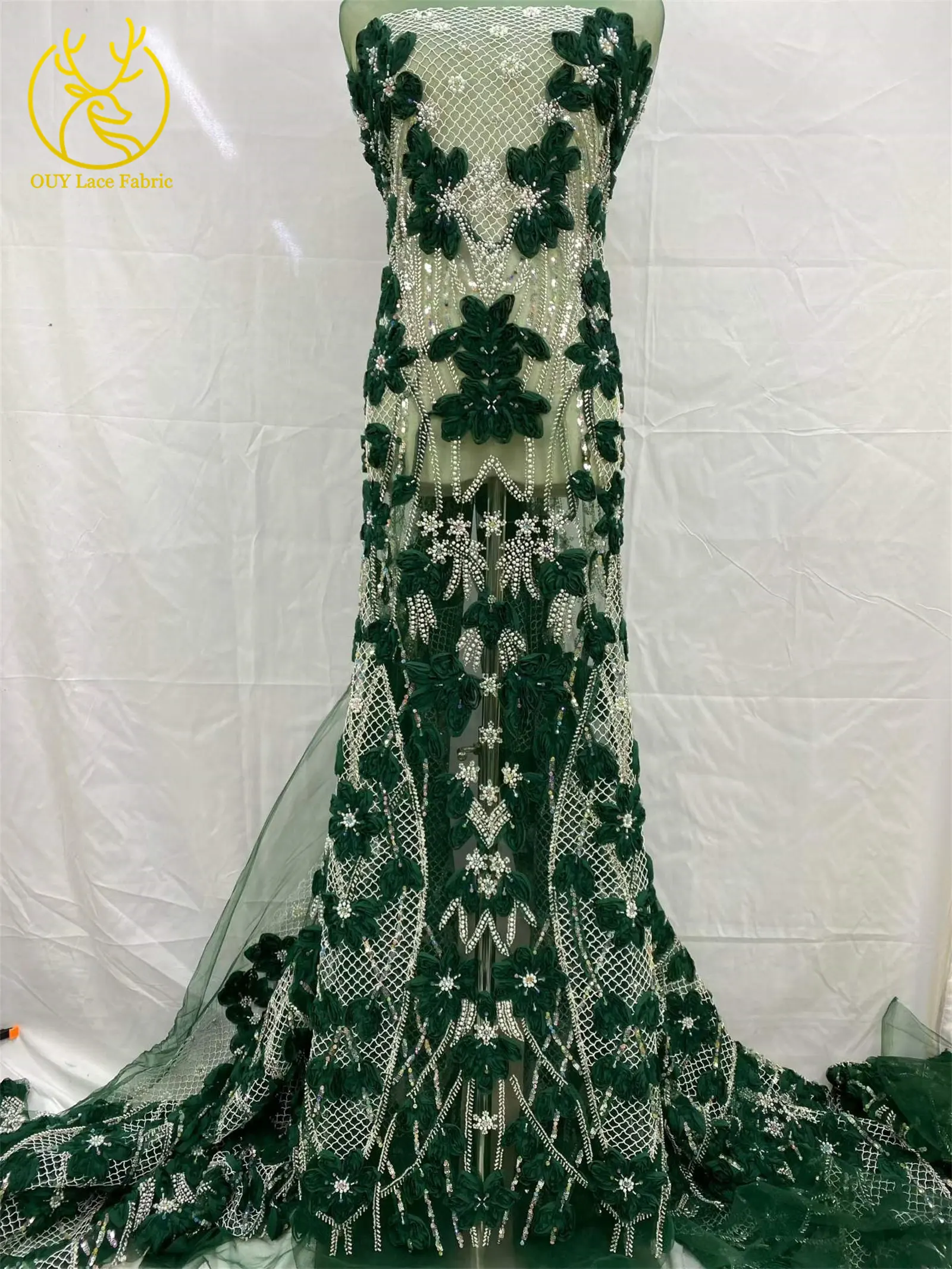 Neues Design Grüner 3D-Netzstoff mit Perlen und Pailletten 2026 Hochwertige Französische Nigerianische Spitze für Damen-Abendkleider und Hochzeitskleider zum Nähen – Detail 14