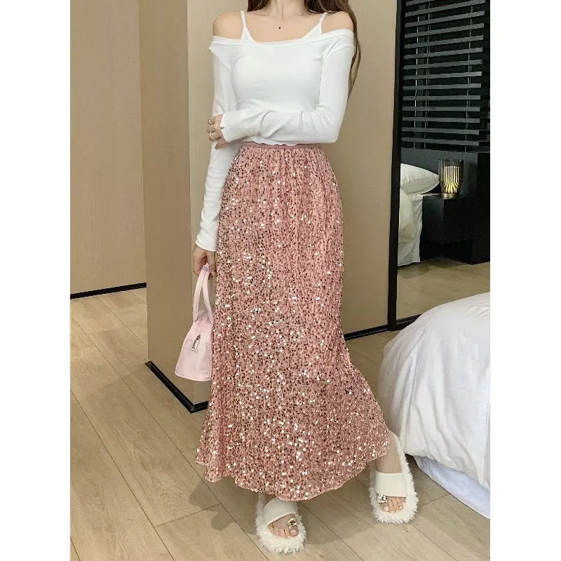 Korean Fashion Autumn/Winter Women's Solid Elastic High Waist Solid Glitter Chic Slim Mid-length A-line Hip Wrap Fishtail Skirt