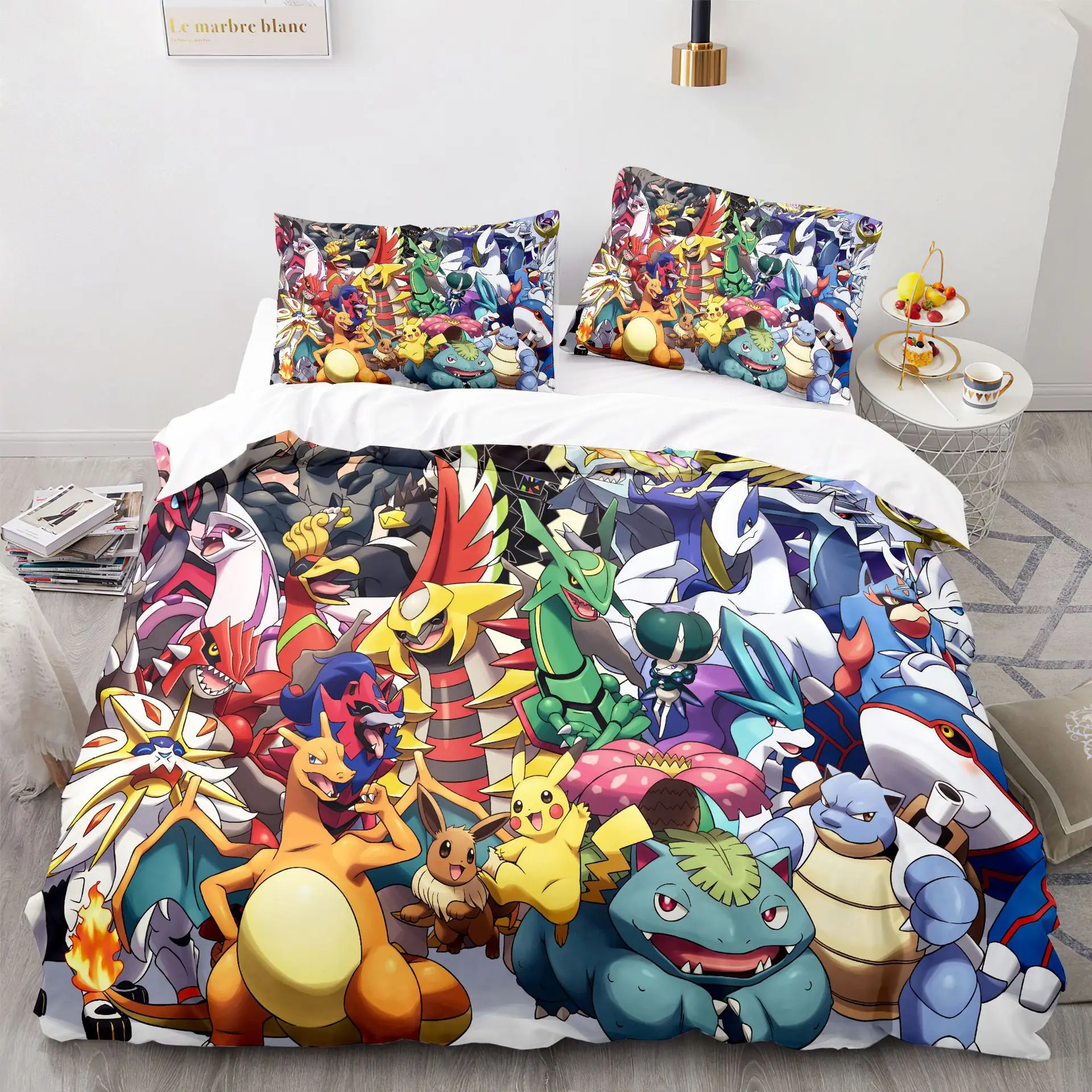 Pikachu Dekbedovertrek, 3D Gedrukt Pokemon Beddengoed Set, Anime Quilt Dekbed Kussensloop voor Kinderen Meisjes Jongens Tieners Volwassenen