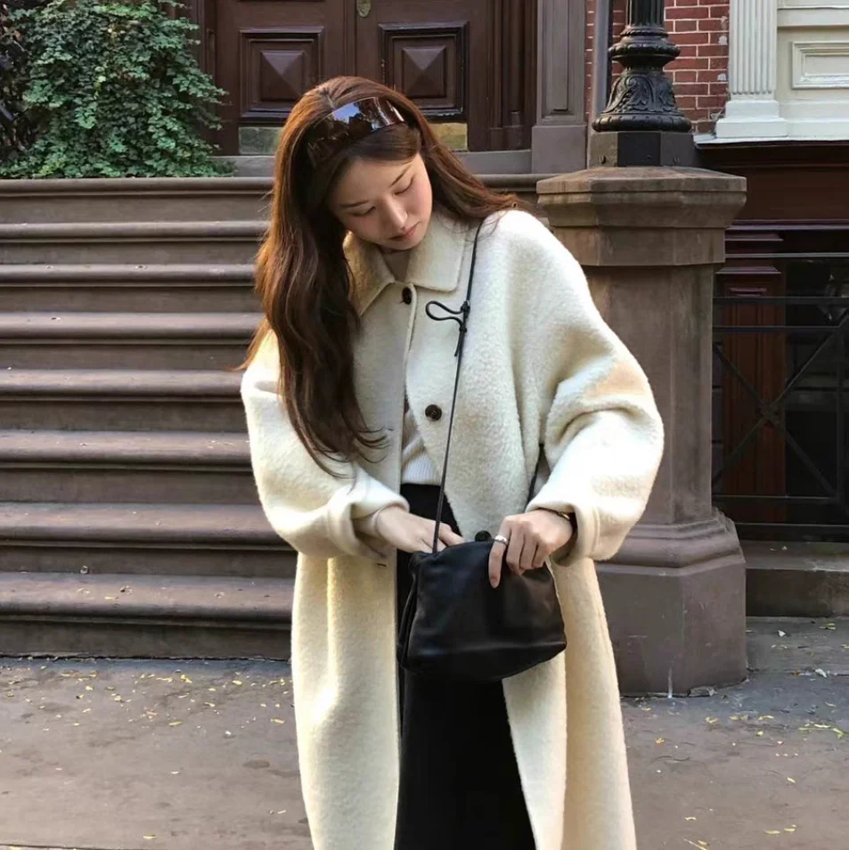 معطف صوف نسائي طويل فضفاض بلون واحد مع ياقة نحيفة للخريف والشتاء بأكمام طويلة #1