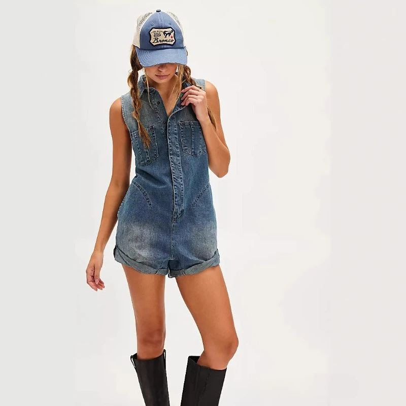 

2025 Summer New Retro Collar Blue Casual Wide Leg Heart-shaped Denim Jumpsuit Shorts