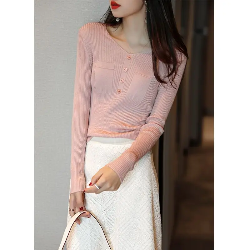 Spring Autumn New Chic V-neck Long Sleeve Knit Top Women Clothing Elegant Casual Slim Button Sweaters Office Lady Solid Pullover