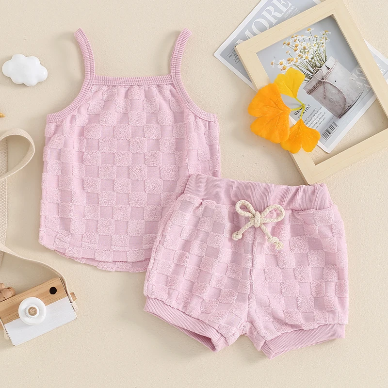 Summer Newborn Baby Girl   Solid Color Checkerboard Print Camisole Drawstring Shorts Set  Infant Toddler Clothes Casual Outfits