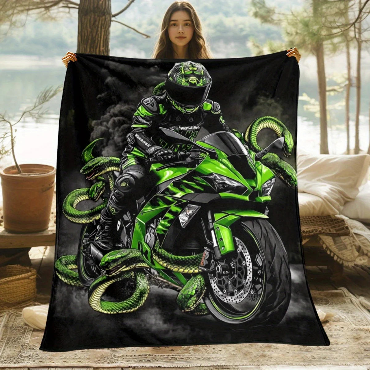 

1pc Motorcycle Blanket - Soft Warm Lightweight Flannel Throw with Neon Green Motorcycle Rider & Snake Patterns, All-Season Couch