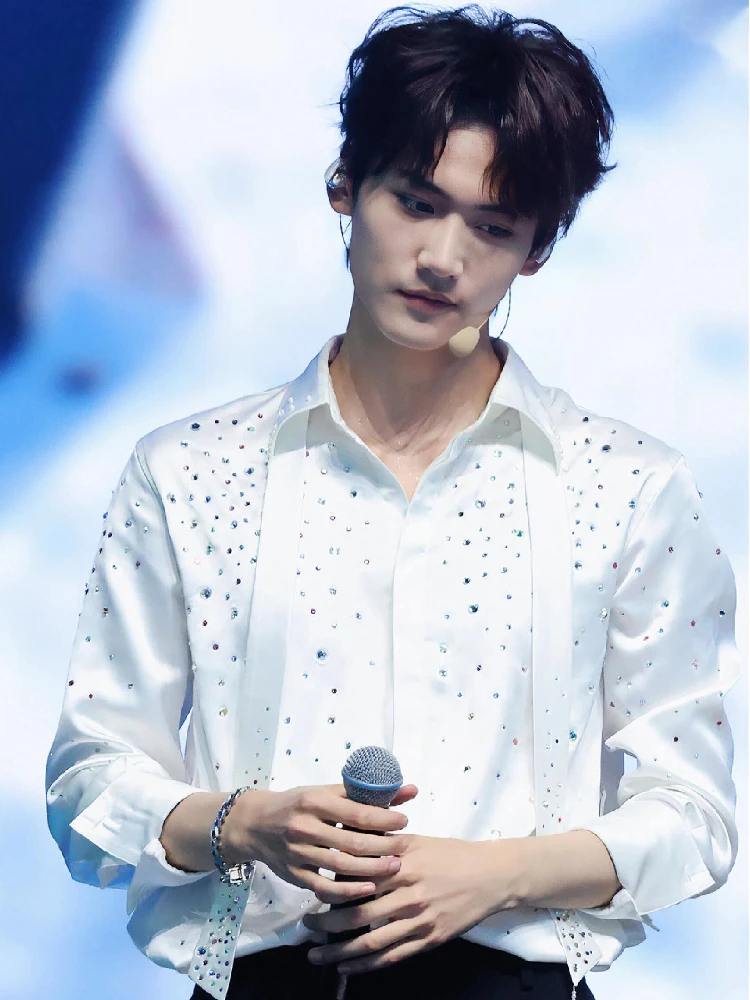 

White Heavy-Duty Rhinestone Shirt Men's Loose Versatile Casual Style Spring Autumn Fashion Trendy Handsome Cotton Polyester