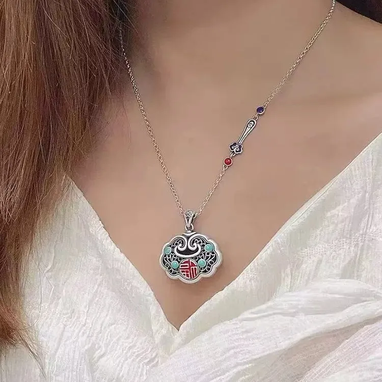 longevity-baby-safety-lock-necklace-vintage-blue-enamel-pendant-9-fortunate-characters-adult-baby-silver-alloy-necklace