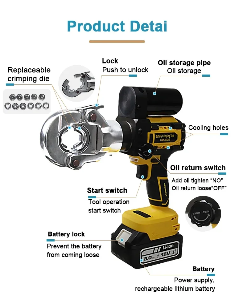 CM-300G   Crimping Tool for Cable Lugs  Crimper Hydraulic Crimping Tool with 2 battery
