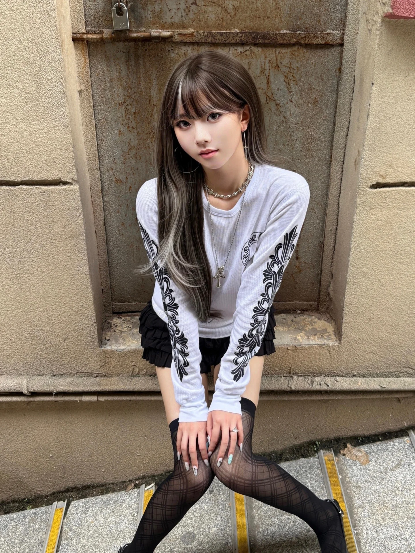 White Long Sleeve T-Shirt Women's Vintage Inner Wear Autumn Winter Double Arm Print Loose round Neck Base Shirt Spicy Girl ...