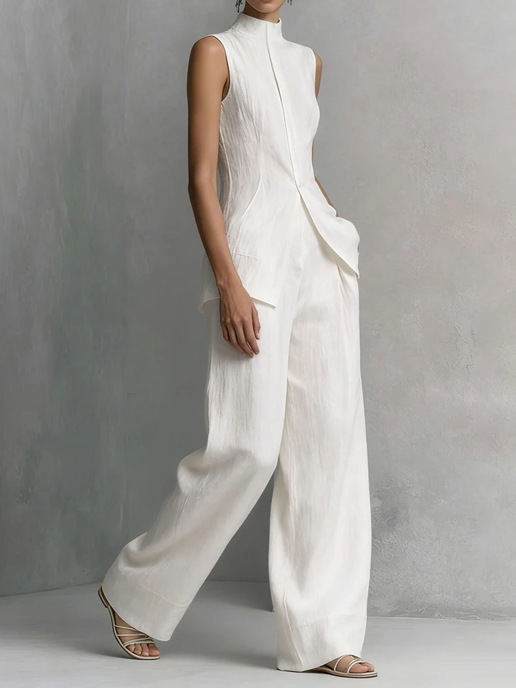 

Women Summer Buttons Shirt Top with Elegant Wide Leg Pants Two-Piece Set Office Ladies Sexy Sleeveless 2PCS Outfit Dropshipping