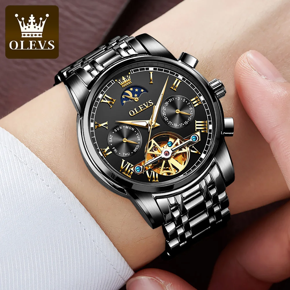 OLEVS 6617 Automatic Mechanical Men's Watch Skeleton Flywheel High-end Watch Auto Date Stainless steel Men Wristwatch