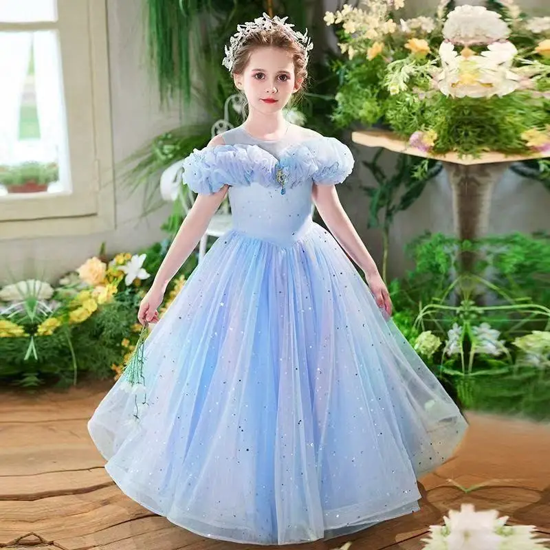 

2026 New Style Girls' Mesh Puffy Performance Dress With Bubble Sleeves High-quality Princess Dress 110-160CM