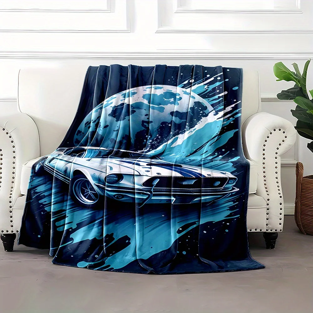 Aesthetic Classic Muscle Car Artwork Throw Blanket for Auto Lovers Gifts Vintage Night Moon Bed Cover Throw
