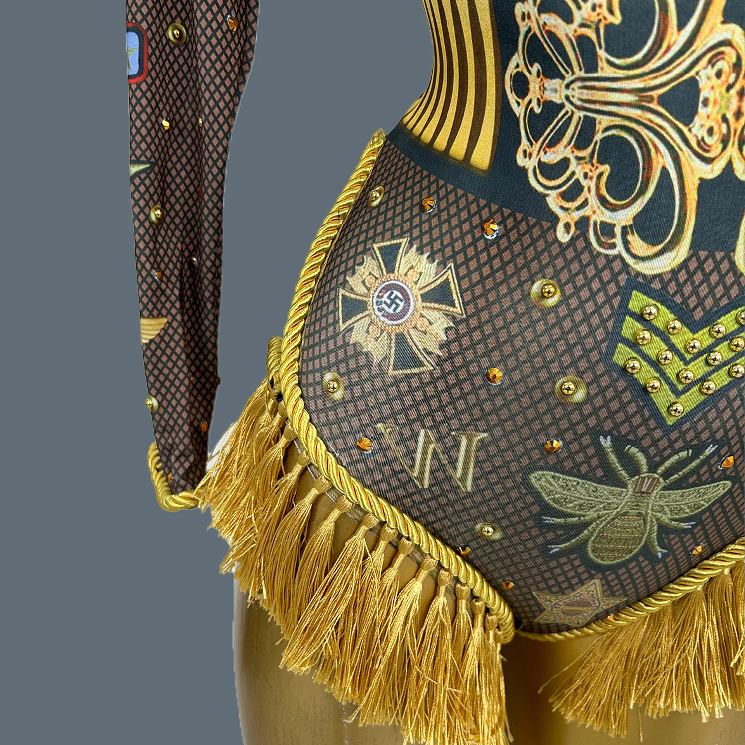 Women Nightclub Stage Performance Sexy Tassel Bodysuit Party Dance Wear Pattern Printing Spandex Elastic Bodycon Leotard Tuzhang