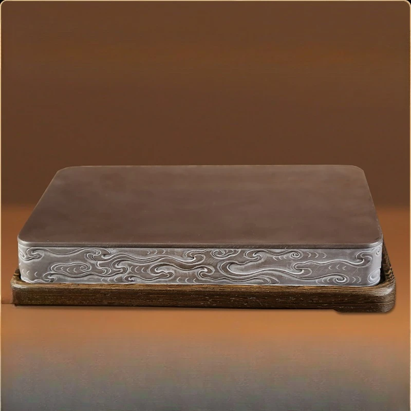 Master Inkstone, Handmade Inkstone Rough Stone Study Four Treasures with Wooden Cover Base Non-She Inkstone Calligraphy Supplies