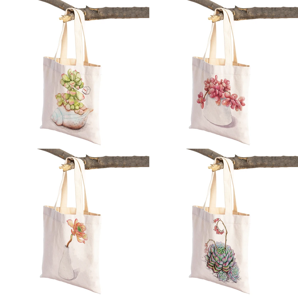 Fashion Cartoon Floral Shopping Shoulder Bag for Women Reusable Nordic Rose Flower Double Sided Print Casual Canvas Tote Handbag