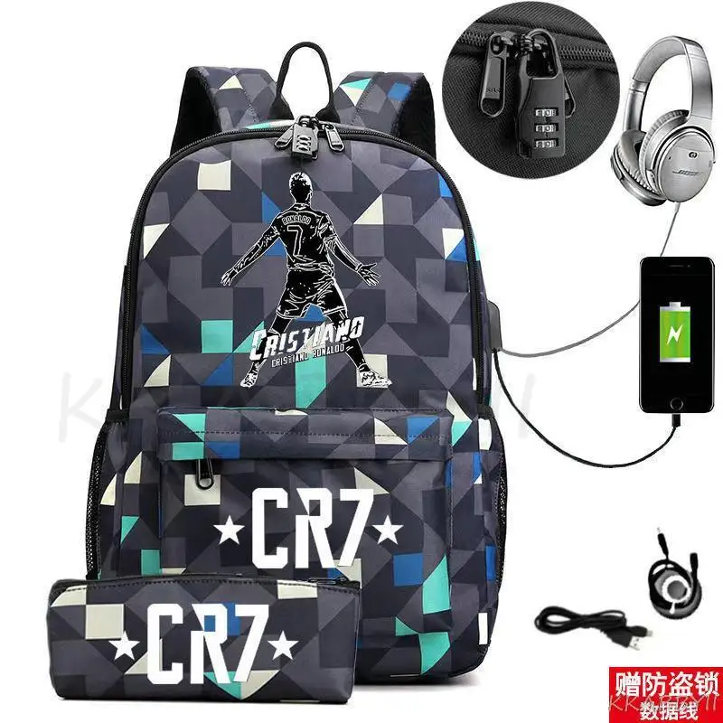 Mochila CR7 con carga USB para niños y niñas, morral escolar para ordenador portátil con cerradura antirrobo, Mochila de viaje para Mujer