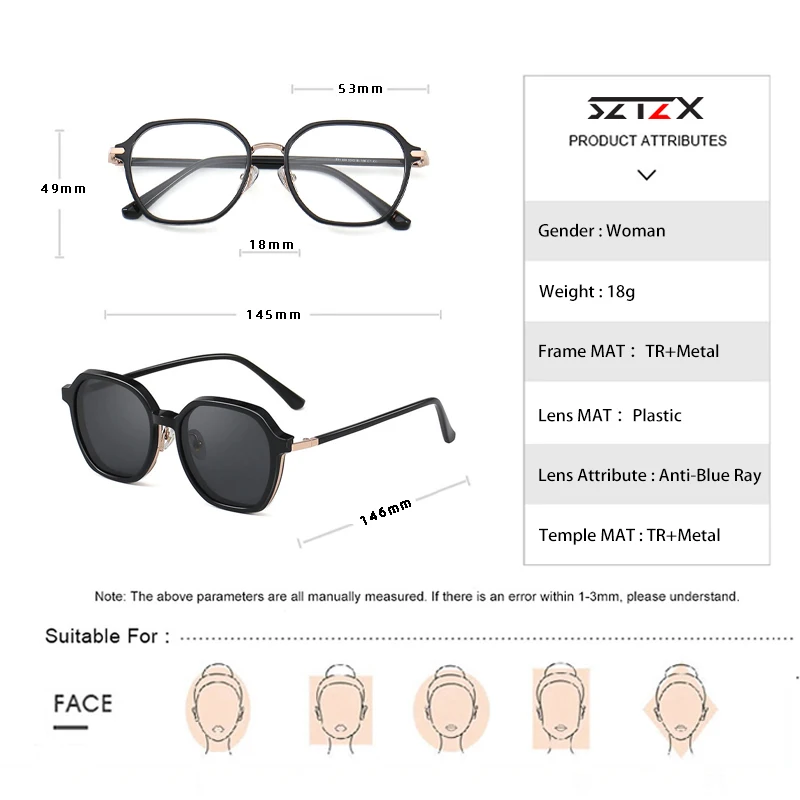 SZTZX Occhiali da lettura da uomo con clip magnetica anti-raggio blu Occhiali da vista per miopia ottica da donna con occhiali da sole polarizzati UV400