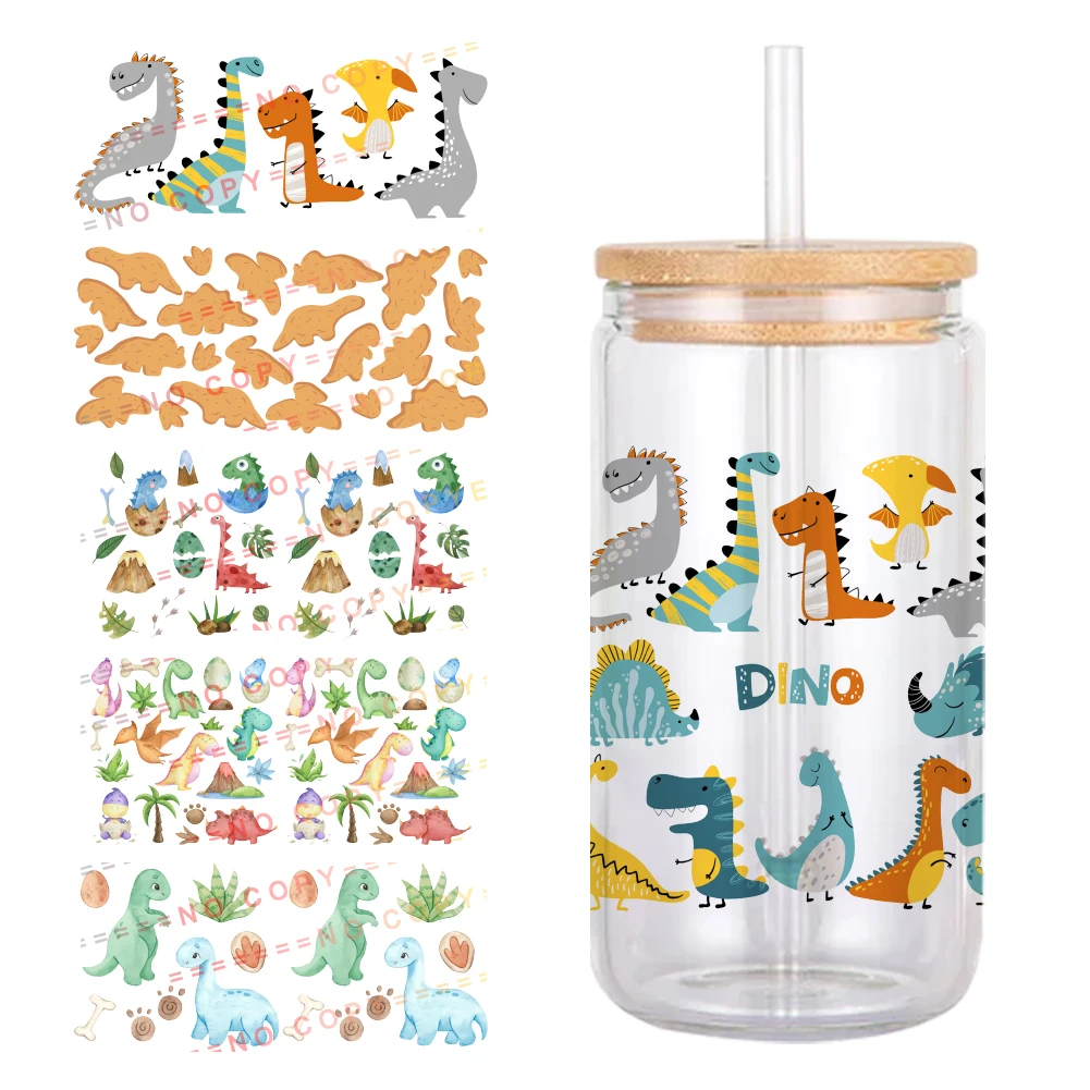 Dinosaur Design Cup Wrap Sticker, Glass Can, UV Dtf, Waterproof Sticker, 16oz, 11x24cm