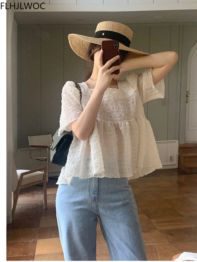 Chic Korea Cute Doll Shirt Women Sweet Japan Girls Semitransparent Vintage Retro Belly Peplum Ruffled Tops Blouse 2022 Summer