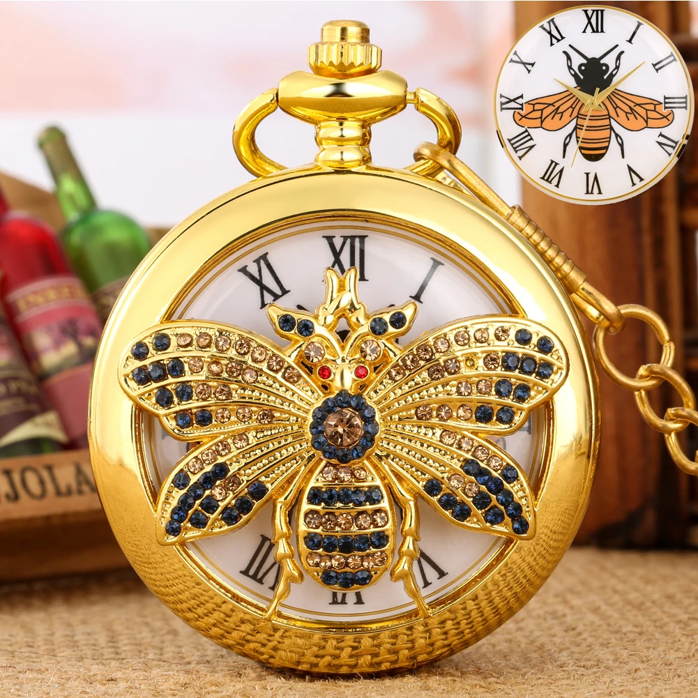 

Luxury Gold Pocket Watch Diamond-encrusted Bee Handicraft Quartz Clock Charming Necklace Sweater Pendant Chain Honeybee Watches