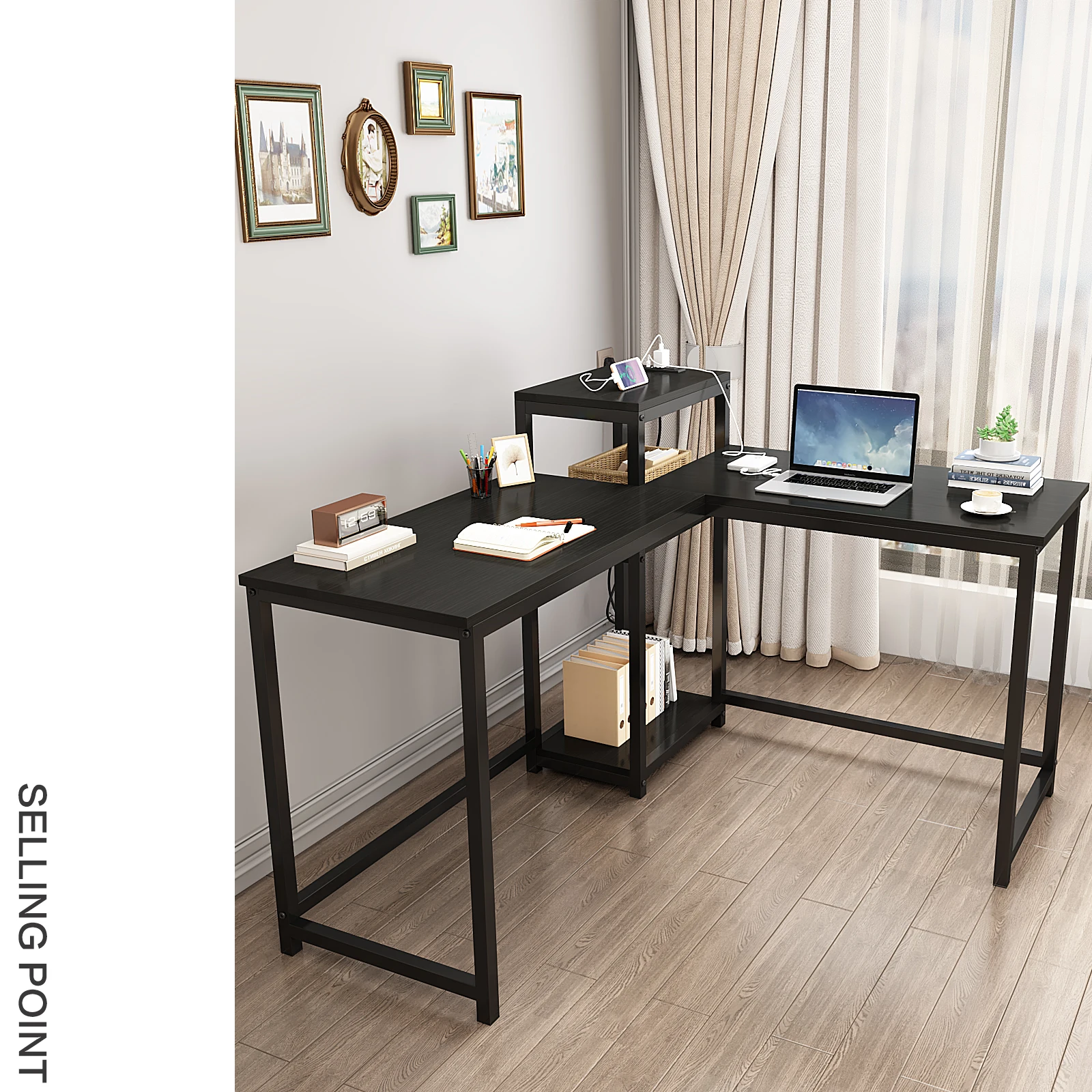 مكتب مكتب YQ JENMW على شكل حرف L مع مقبس طاقة ومساحة تخزين، مكتب كتابة لشخصين #5