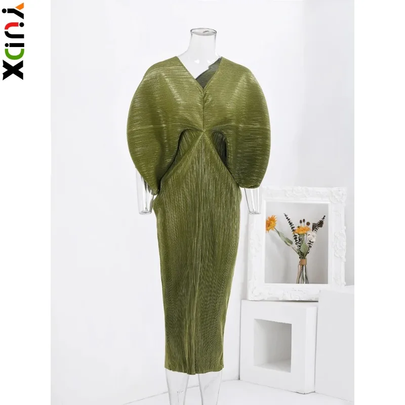 

YUDX Miyake Women Pleated Dress V Neck Batwing Sleeves Solid Color Long Dresses Elegant Party 2024 Autumn New Clothing