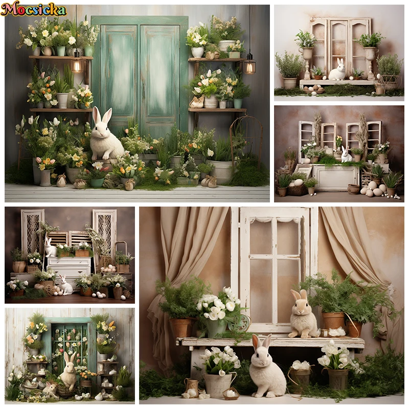 Spring Easter Rabbit Background For Photography Green Plant Flower Baby Shower Girl Birthday Newborn Backdrop Decor Photo Studio