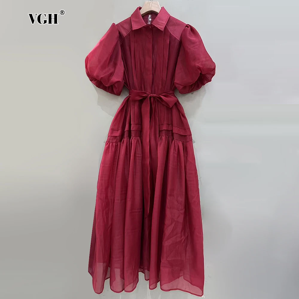 VGH Solid Spliced Lace Up Puff Midi Dress for Women Lapel Short Sleeve High Wiast A Line Elegant Fashionable Dresses Female New